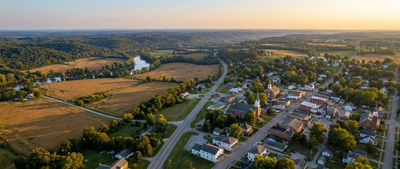 Aerial view of a Southern Ohio town, farm fields and wooded hills at golden hour