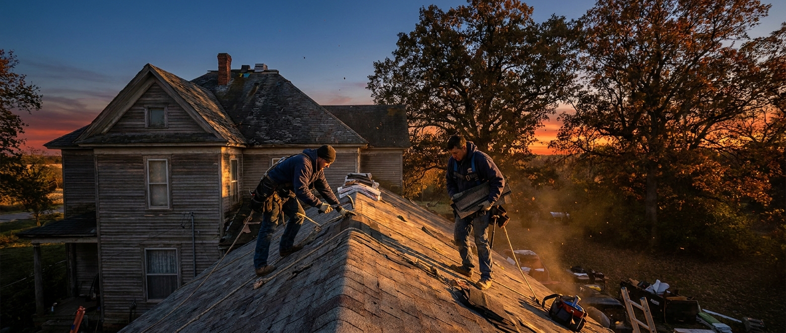 Topline crew on a residential roof at golden hour