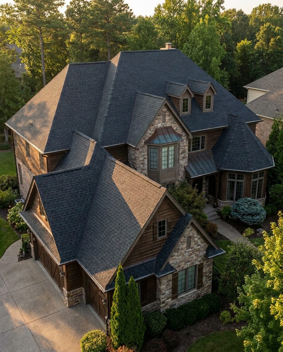 Large suburban home with multiple gables, hips, dormers and valleys