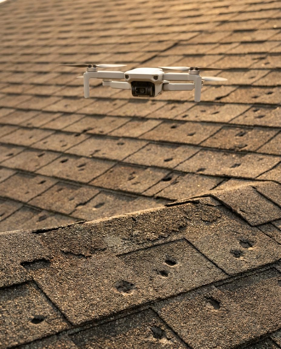 Inspection drone photographing hail marks on an asphalt shingle roof