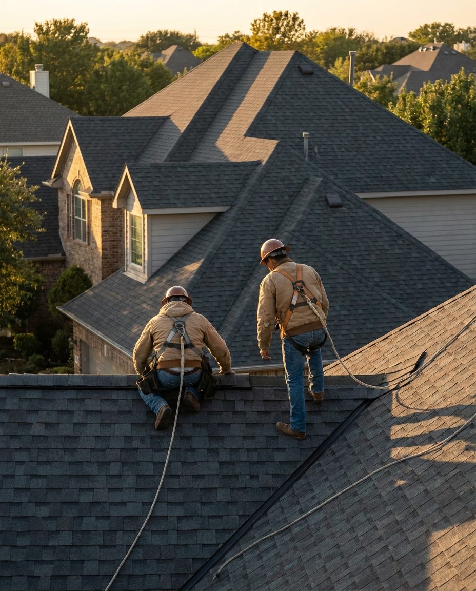 Roofers in safety harnesses shingling a valley on a large suburban home