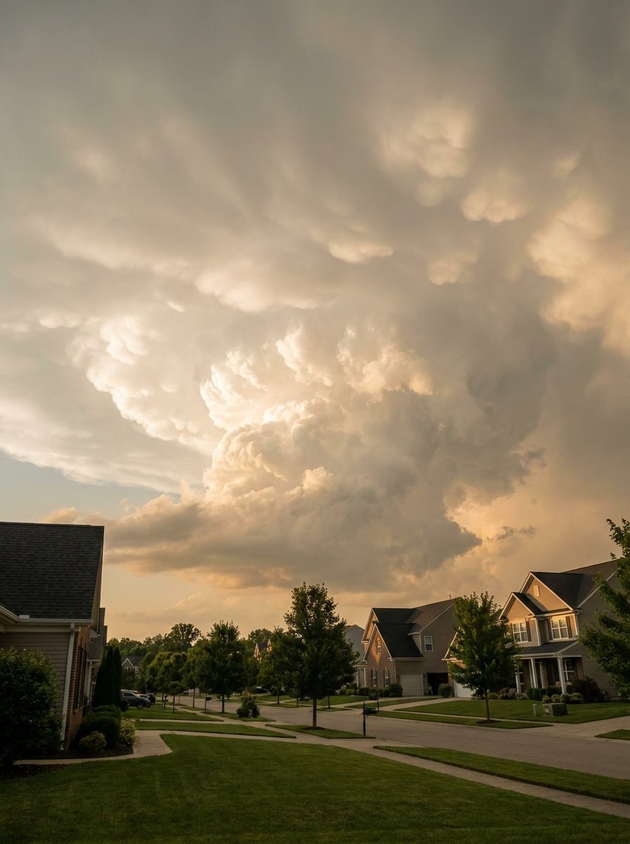 Spring storm clouds building over a suburban Ohio neighborhood