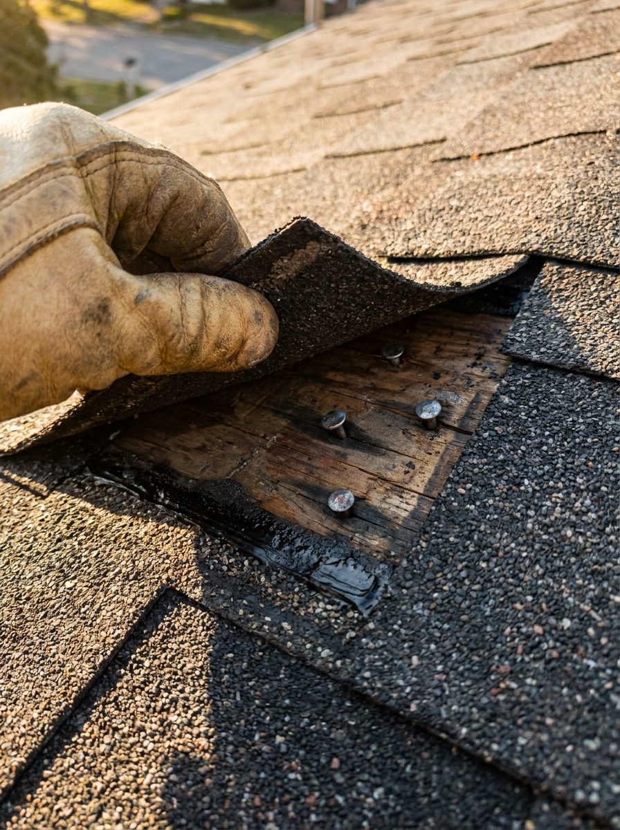Lifted shingle tab showing nails driven above the nail line