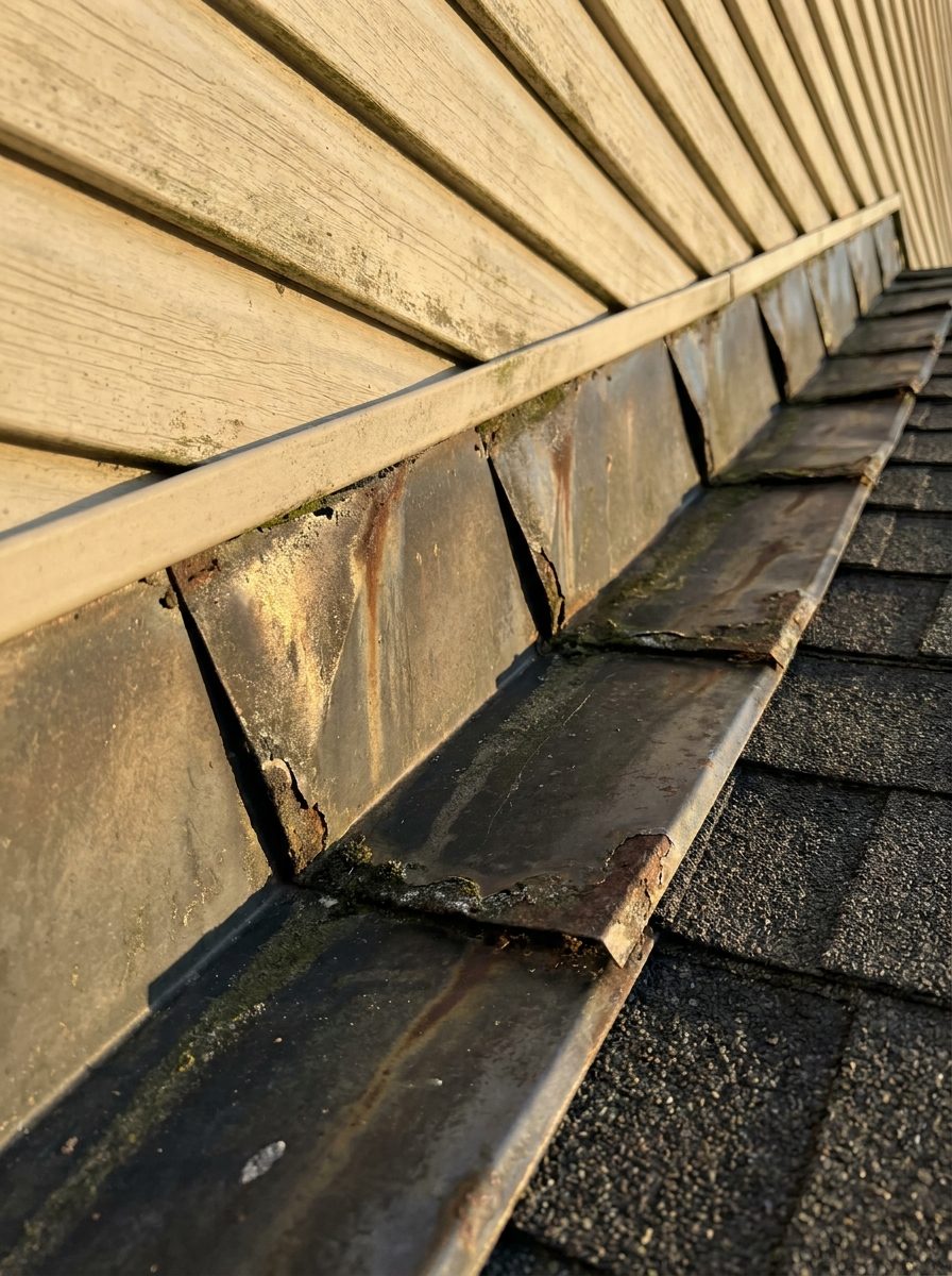 Corroded, reused step flashing along a sided wall