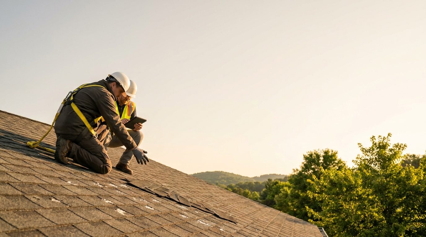 Roofer and insurance adjuster examining storm damage on a shingle roof