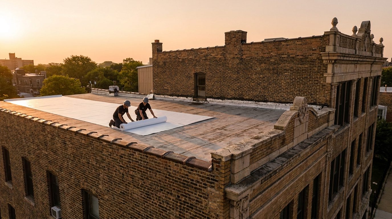 Roofers rolling out white TPO membrane on a historic downtown commercial building