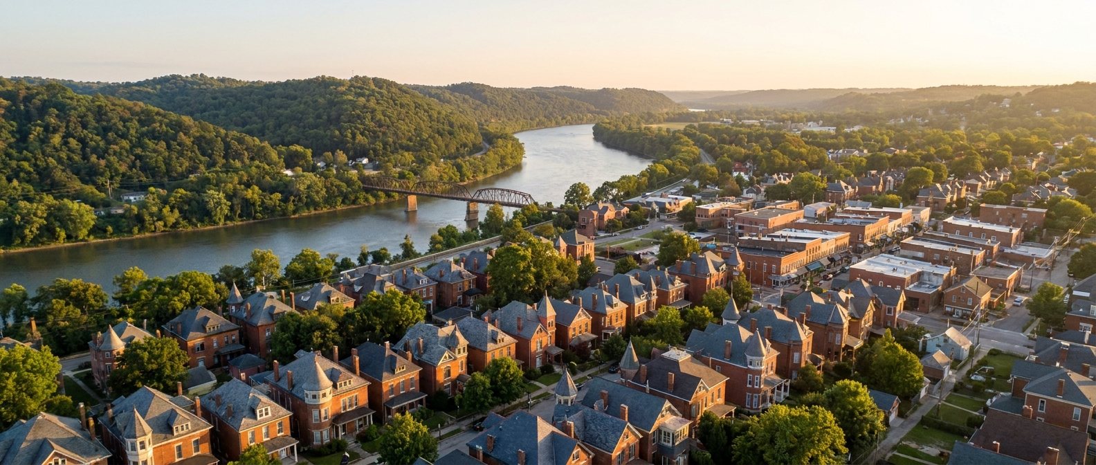Victorian brick homes and a historic downtown in a river valley below wooded hills