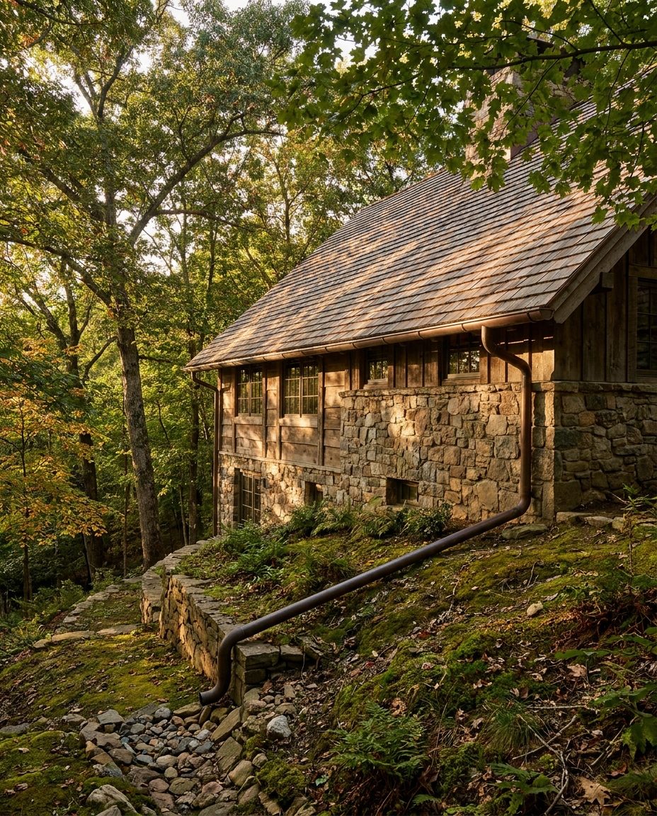 Hillside home with a downspout carrying water away from its stone foundation