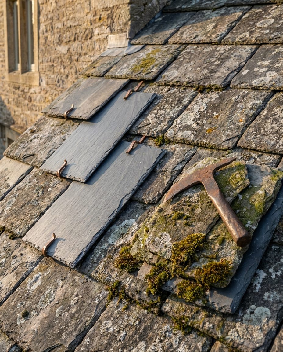 New slates fitted among weathered originals on a historic slate roof