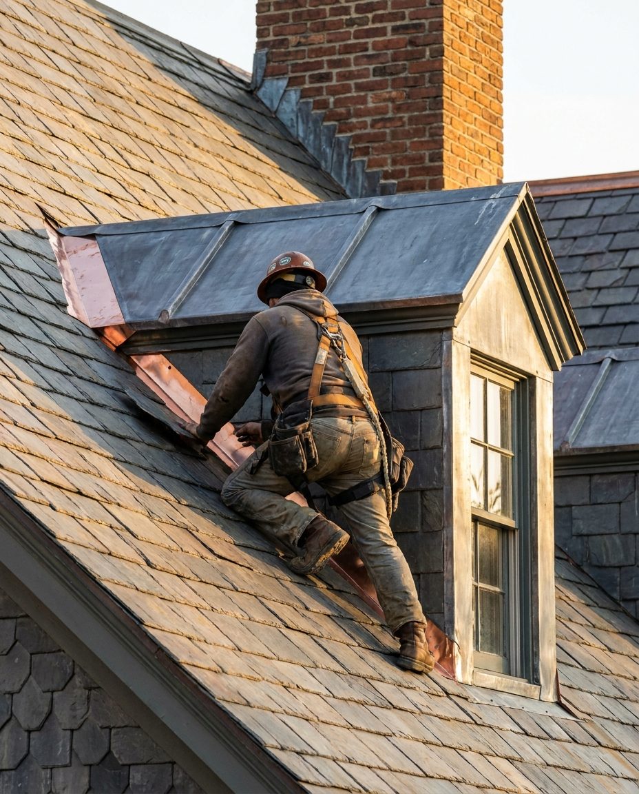 Roofer fitting copper step flashing beside a dormer on a steep slate roof