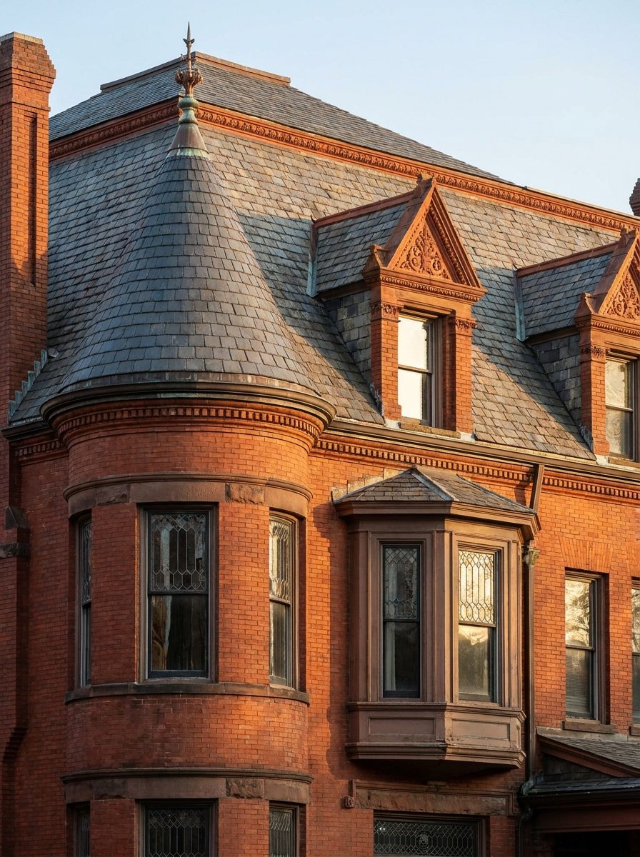 Brick Victorian home with a turret, bay projection and slate roof
