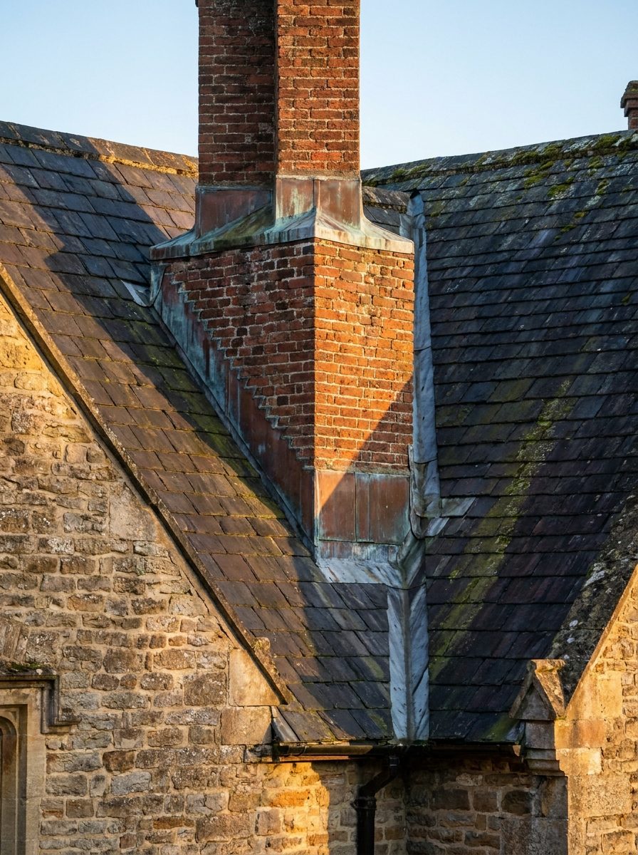 Tall masonry chimney with flashing on a steep slate roof