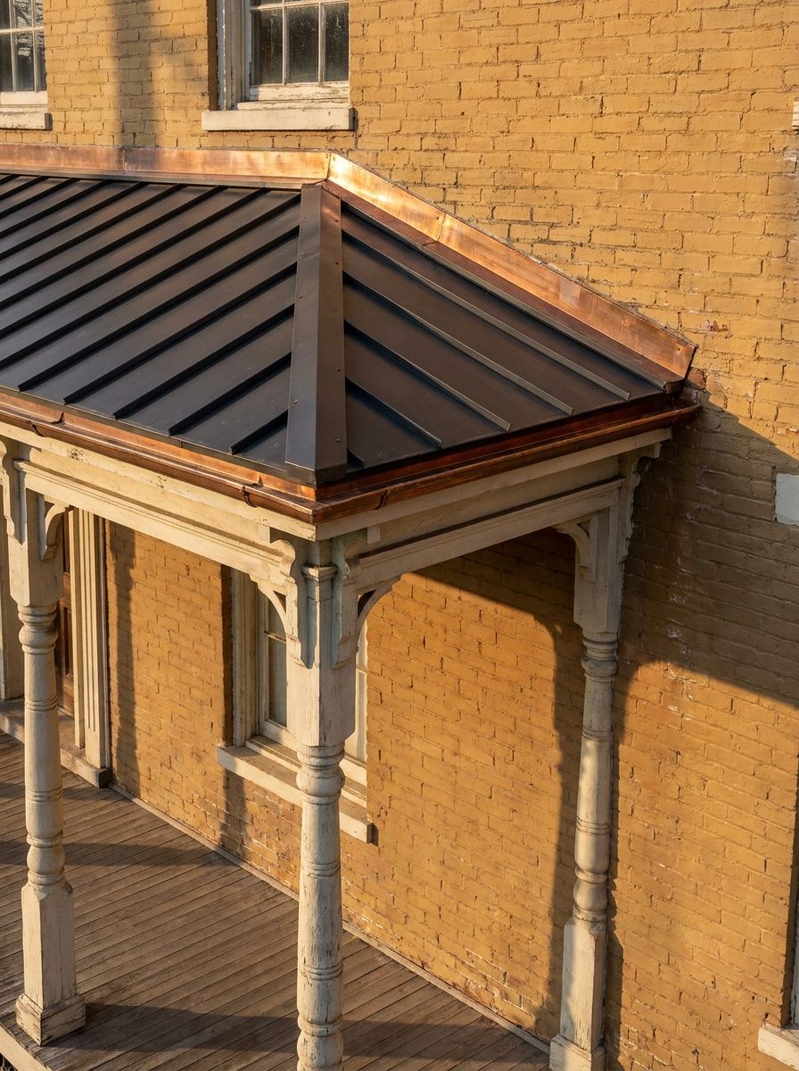 Metal porch roof meeting the brick wall of a 19th century house