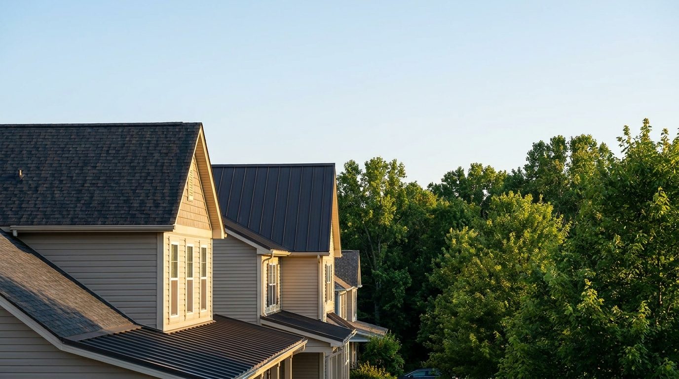 New architectural shingle and standing seam metal roofs on neighboring suburban homes
