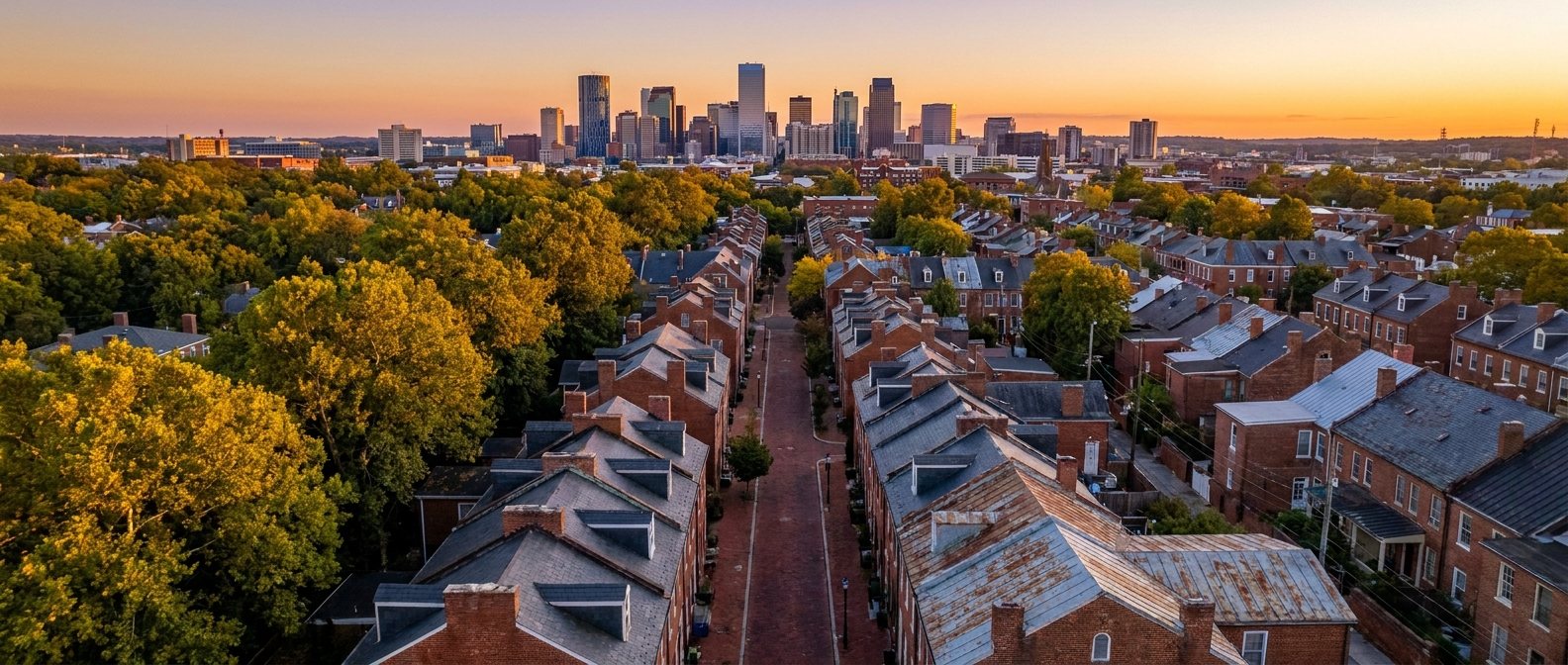Historic brick neighborhood with slate and metal roofs below a downtown skyline