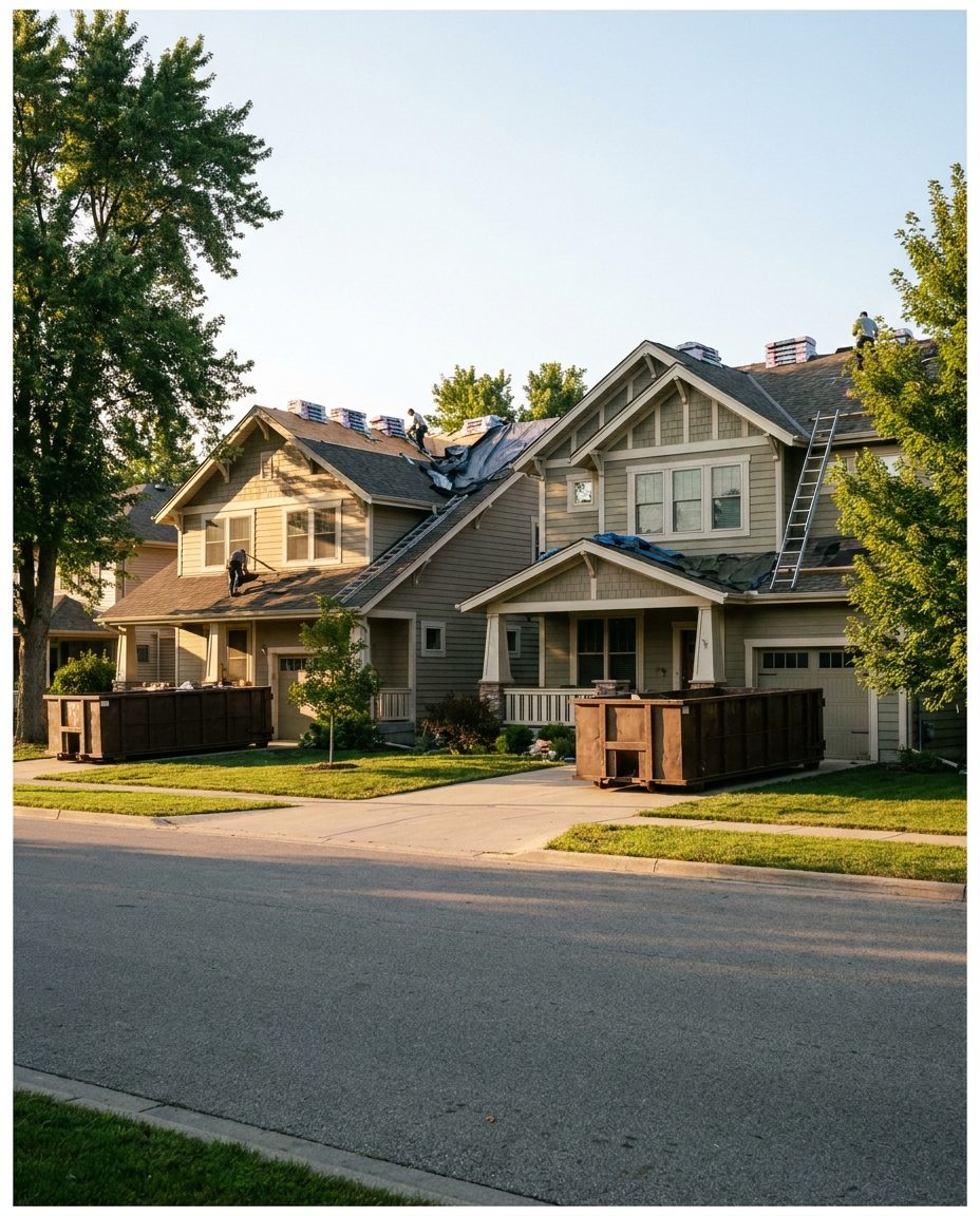 Neighboring suburban homes being re-roofed at the same time