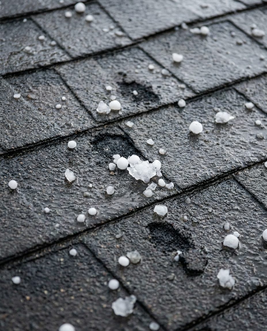 Hailstones and fresh bruise marks on an asphalt shingle roof