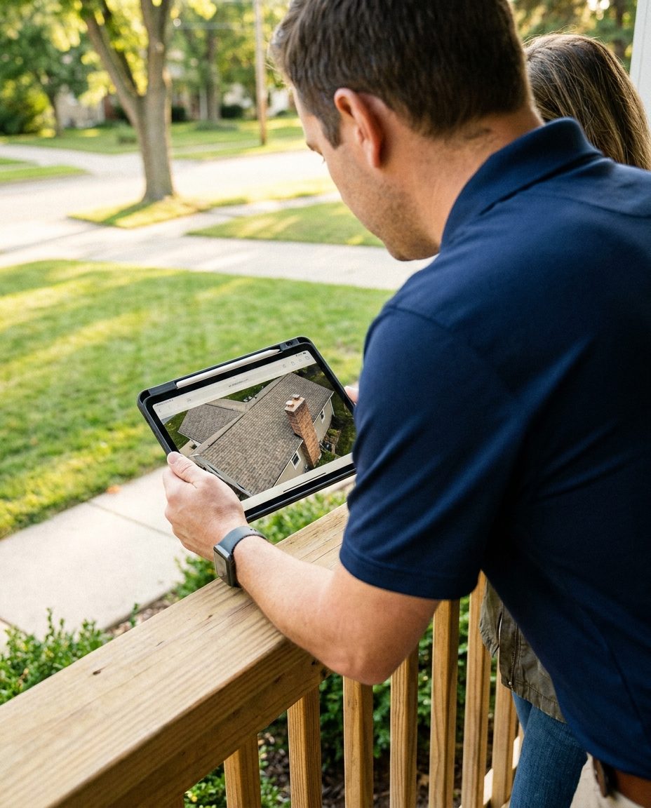 Project manager showing drone roof photos on a tablet to a homeowner