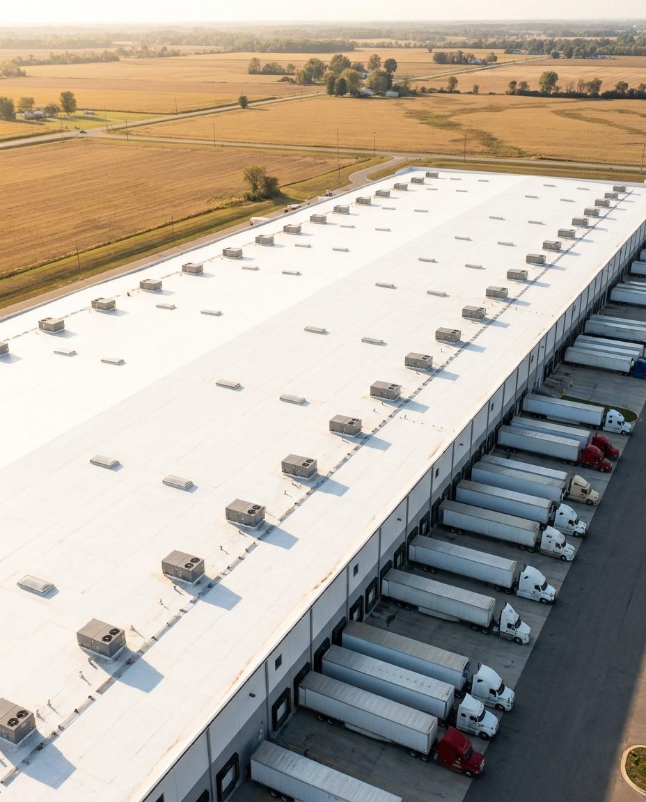 White TPO roof on a large logistics warehouse with truck docks