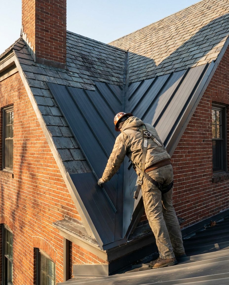 Roofer installing standing seam metal on a historic brick house