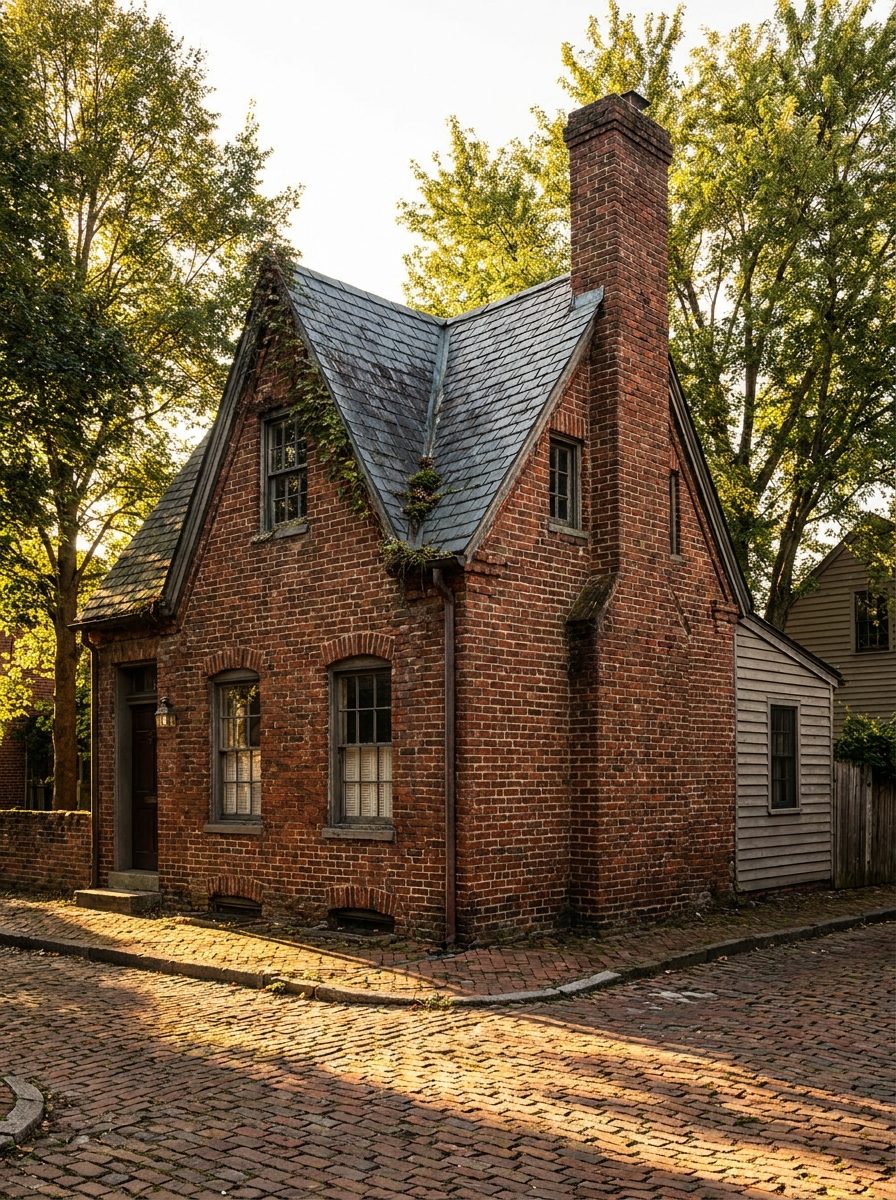 1850s brick cottage with a steep slate roof on a brick-paved street