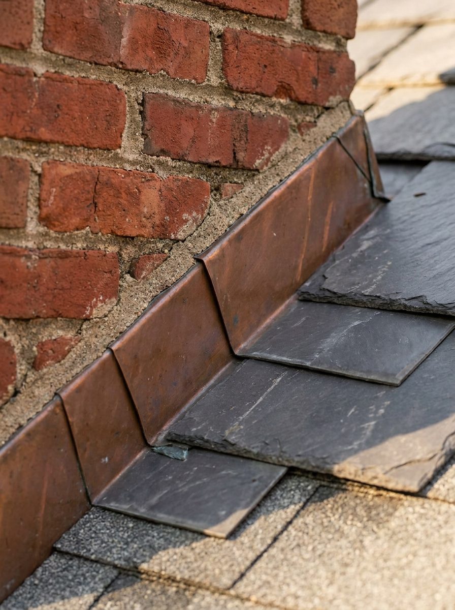 Counter-flashing cut into the mortar joint where a roof meets a brick wall