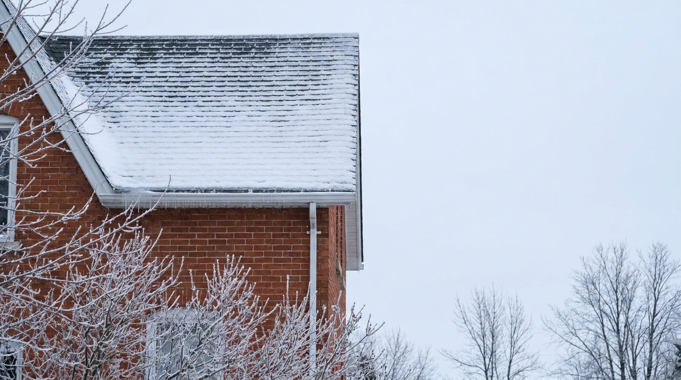 Frost and ice along the roof of a brick house on a winter morning