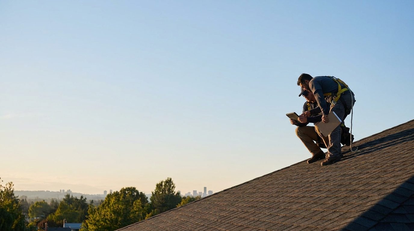Roofer and insurance adjuster reviewing roof photos on a tablet