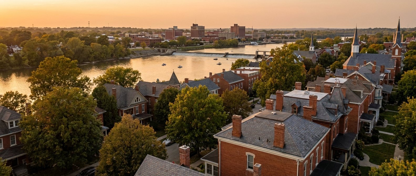 Historic brick neighborhood along a river with a low dam and a downtown skyline beyond