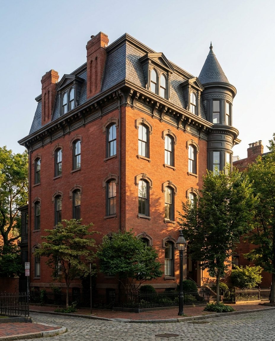 Brick Italianate townhouse with a slate mansard roof, dormers and a turret