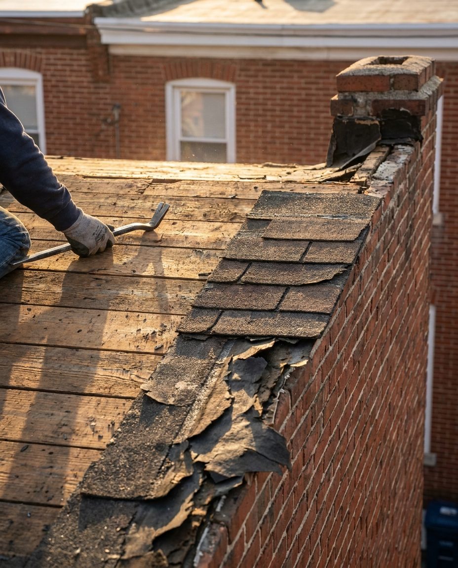 Tear-off revealing layered old shingles and plank decking beside a brick wall