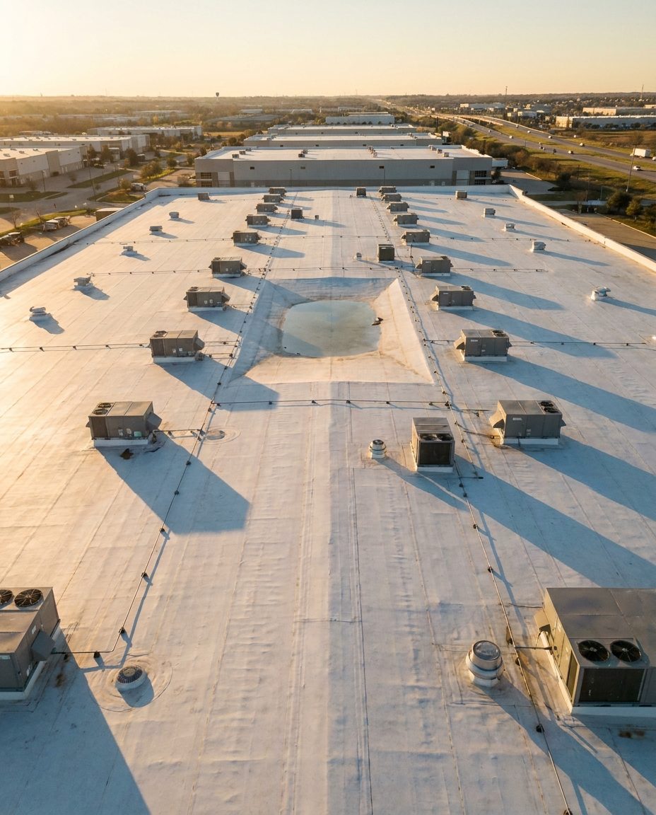 White TPO membrane roof with rooftop units on an industrial warehouse