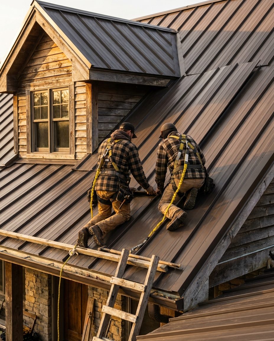 Roofers in safety harnesses installing a standing seam metal roof