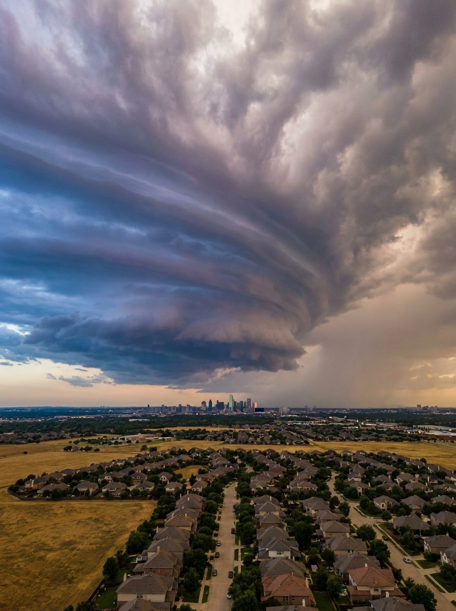 Storm clouds rotating over a Midwestern city and its suburbs