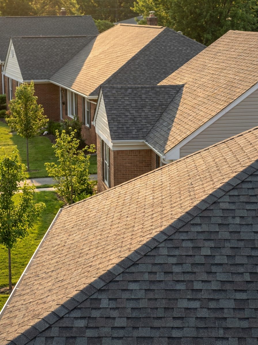 Street of older homes with newer replacement shingle roofs