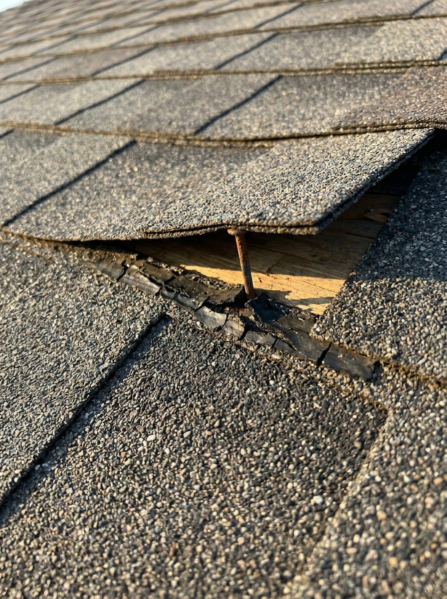 Wind-lifted shingle tab with a broken seal strip and a high nail