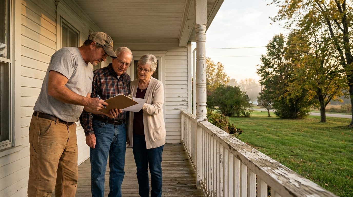 Roofer reviewing a written estimate with homeowners on a front porch