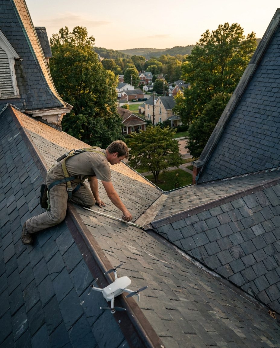 Roofing estimator measuring a valley on a steep historic roof