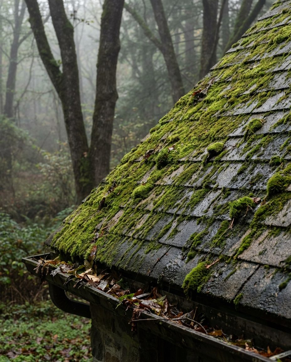 Moss and algae growing on a shaded shingle roof under mature trees