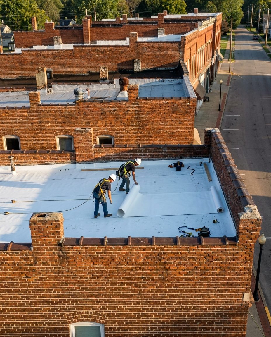 Roofers installing a white TPO membrane on a historic brick commercial building