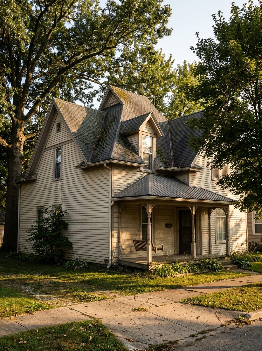 1890s village house with a steep roofline, dormers, valleys and a porch roof