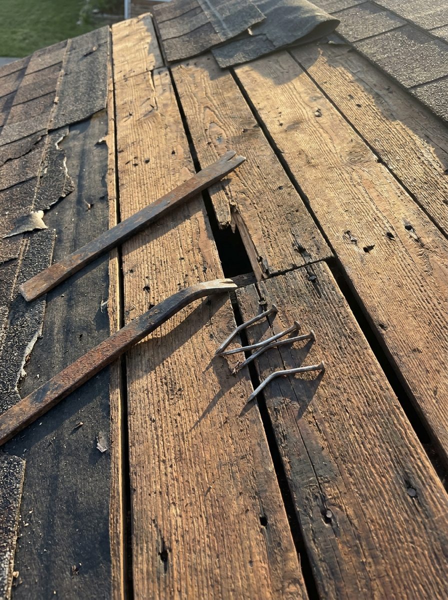 Roof tear-off revealing original wood plank decking with gaps between the boards