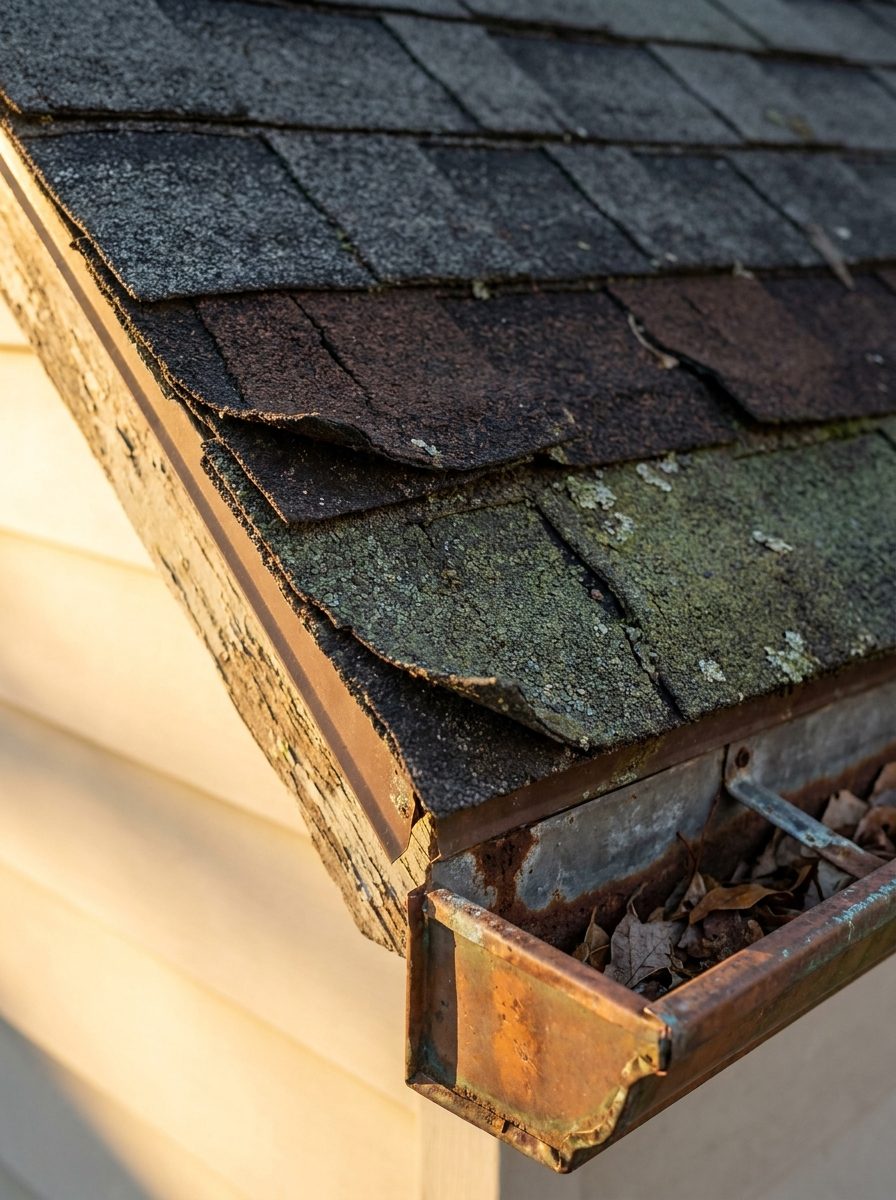 Three layers of old asphalt shingles stacked at the eave of an old house