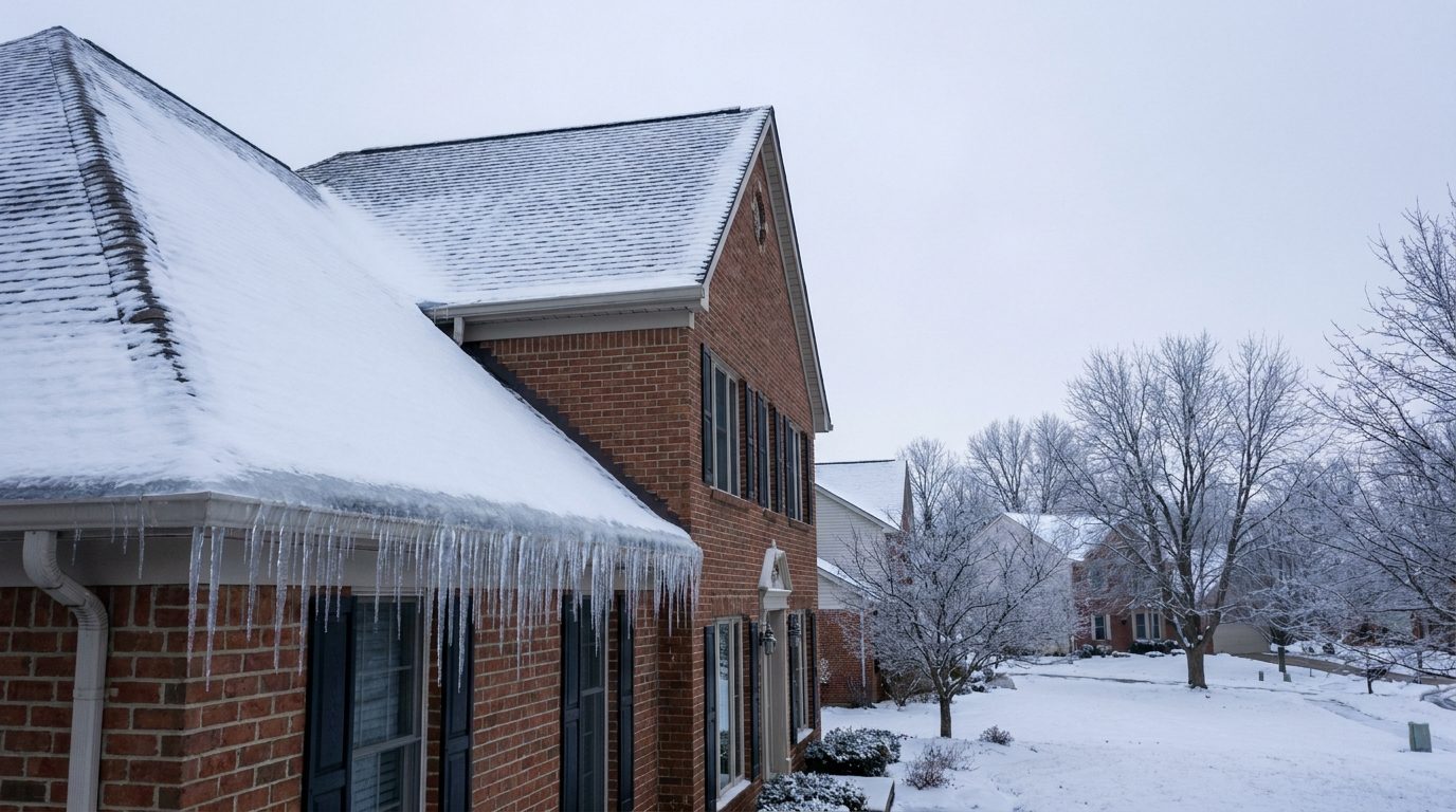 Ice built up along the eave and icicles hanging from the gutter of a brick colonial home