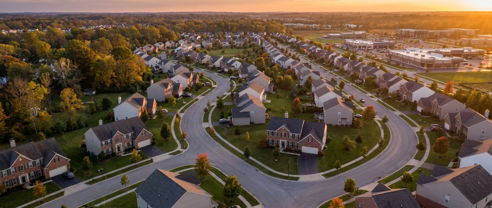 Curving streets of two-story homes in a Central Ohio suburban subdivision