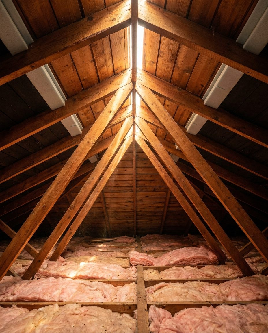 Attic rafters, insulation and soffit baffles with daylight through the ridge vent