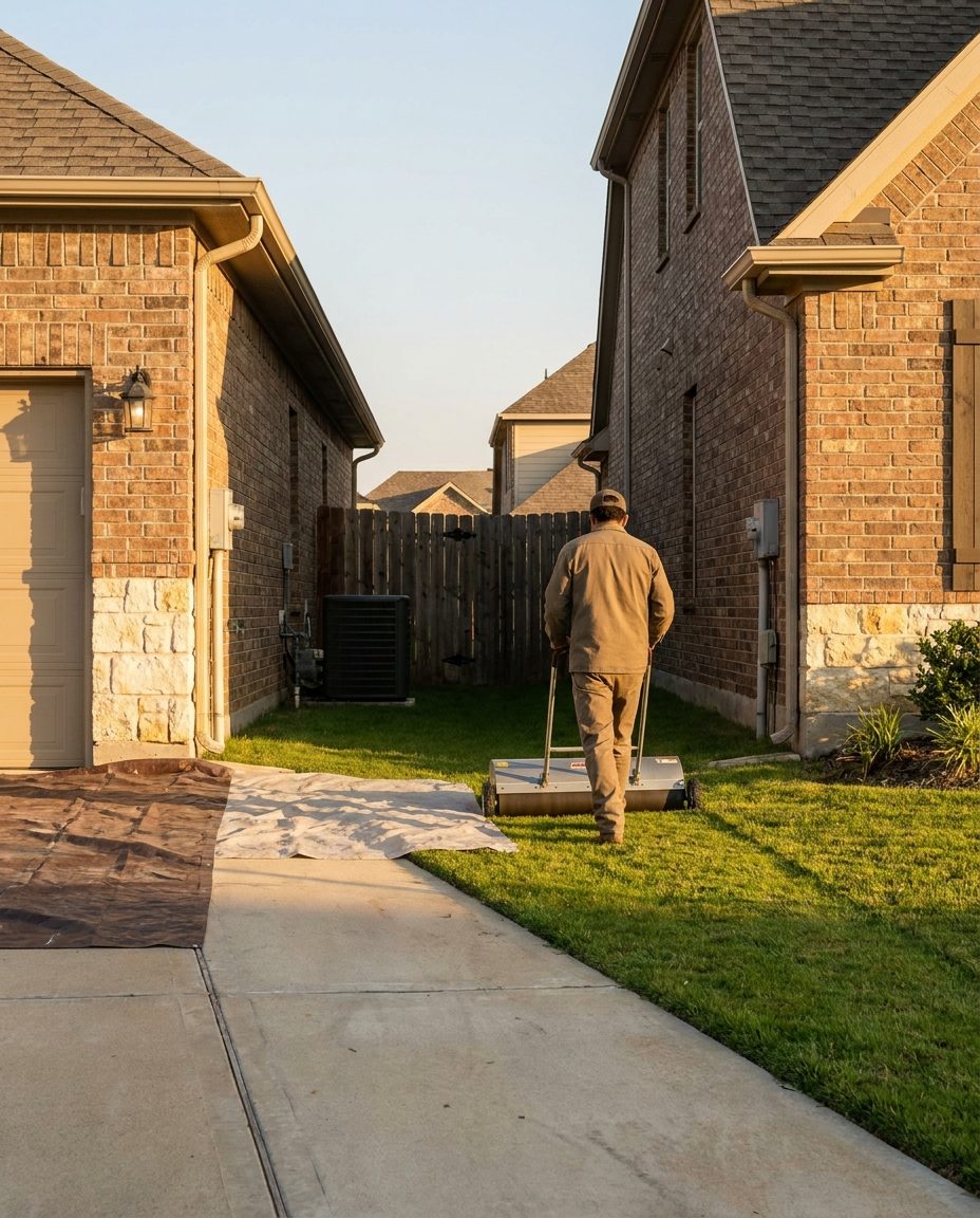 Roofer running a magnetic nail sweeper across the lawn between two closely spaced houses