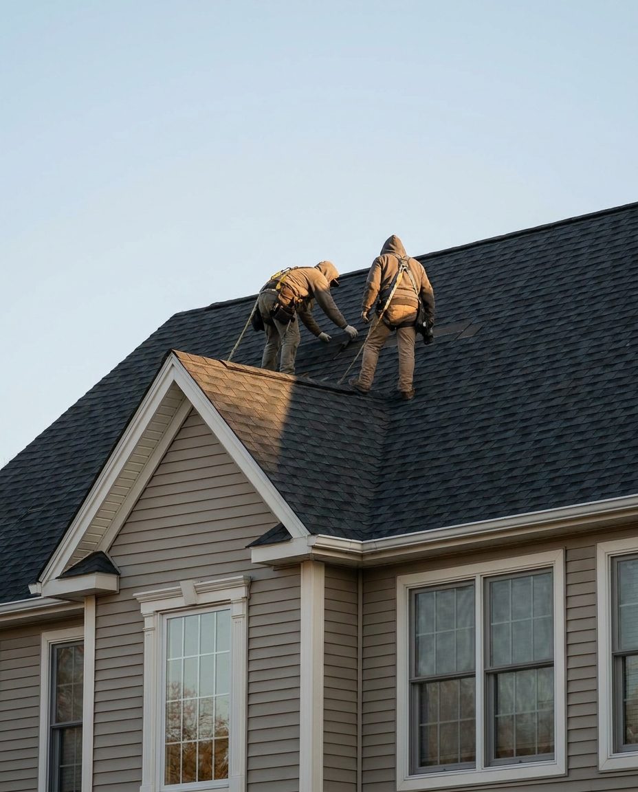 Roofers in safety harnesses installing architectural shingles on a two-story colonial