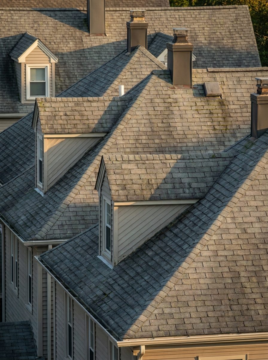 Row of similar subdivision homes with matching weathered shingle roofs