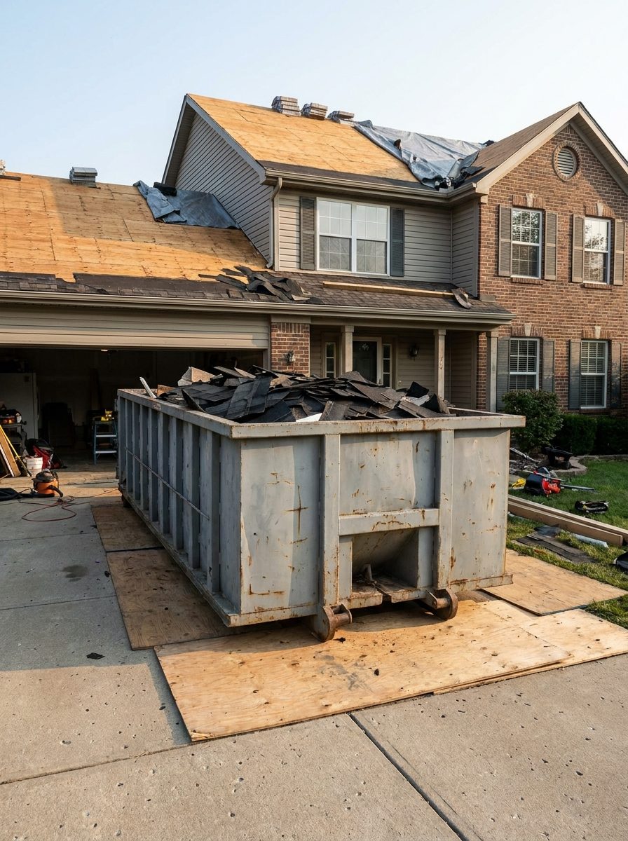 Dumpster full of torn-off shingles in the driveway of a suburban home during a re-roof